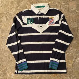 Hackett Navy and White Striped Rugby Polo with Green Accents